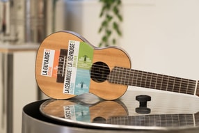 Guitare avec étiquettes de la Brasserie Rive Droite Rive Gauche